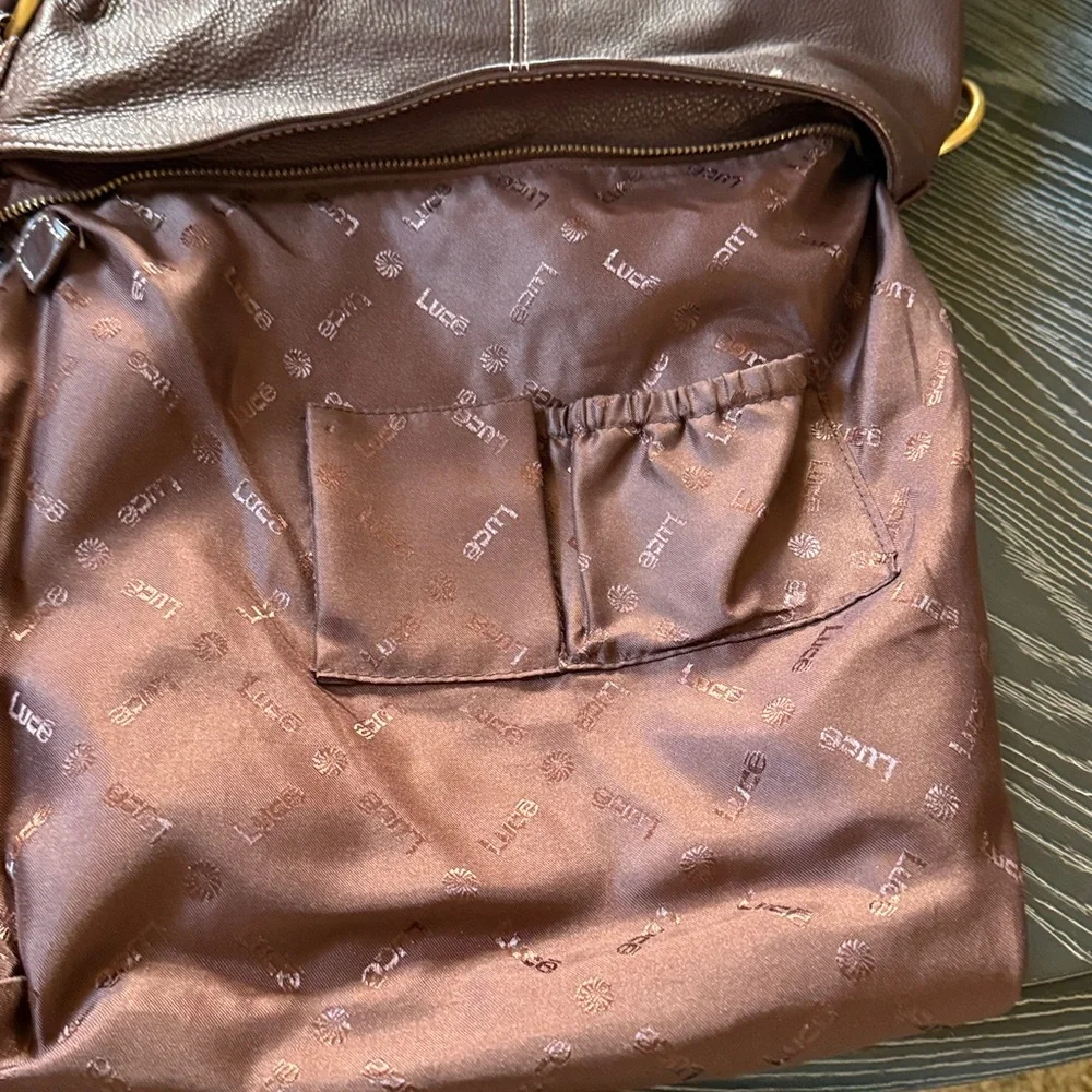 LUCE Chocolate Brown Hobo Slouch Genuine Leather Purse Gold Hardware - Picture 12 of 15